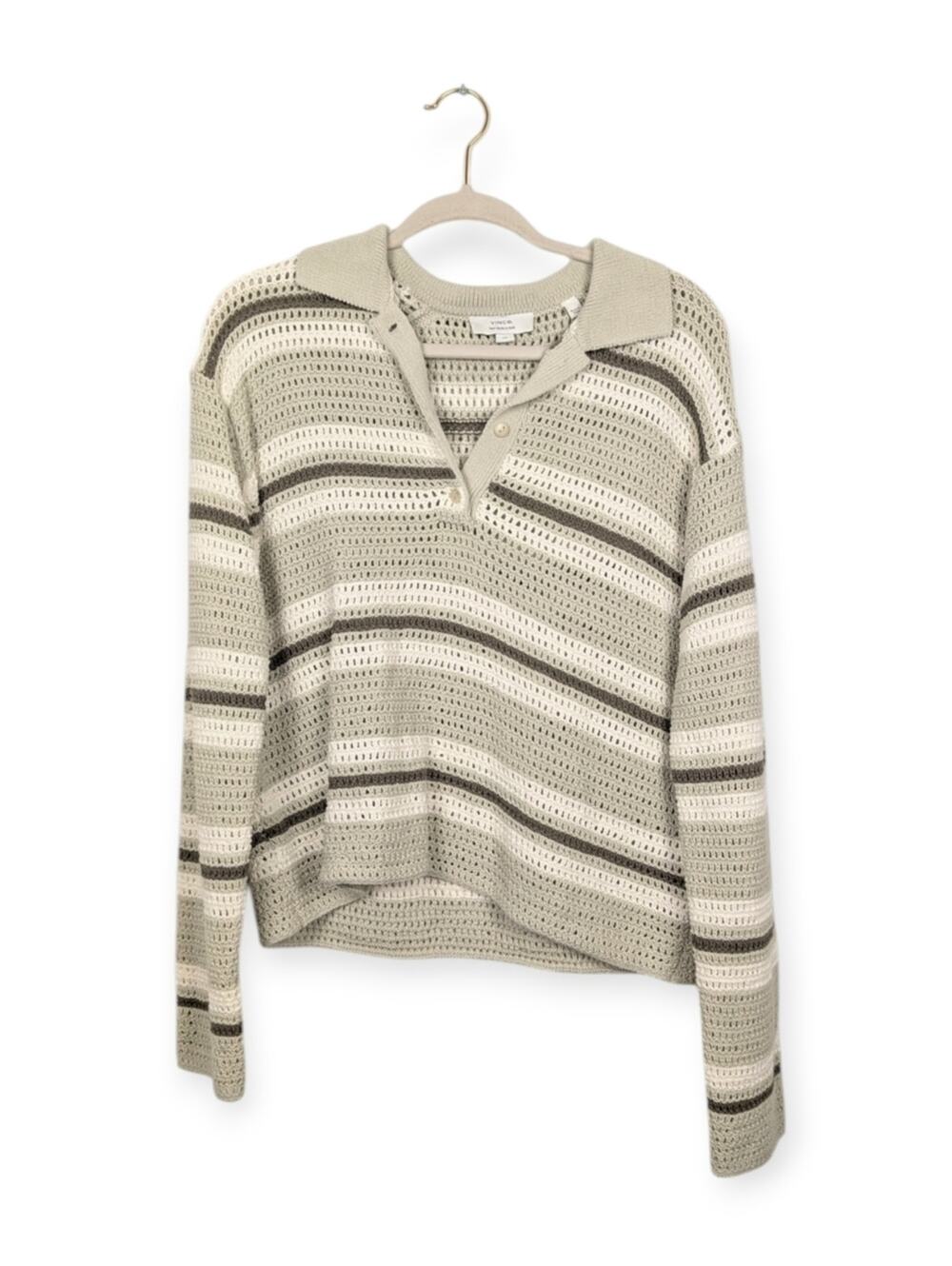 Vince Open Knit Polo Shirt L White Stone Stripe Cotton Lightweight Coastal